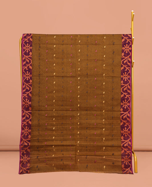 Brown Bengal Cotton Saree, Elevated with Thread Buttas All Over Its Body, Complemented by a Contrast Border of Jamdani-Style Floral Creeper Designs, Pallu of Stripes and Buttas, and Paired with a Matching Blouse