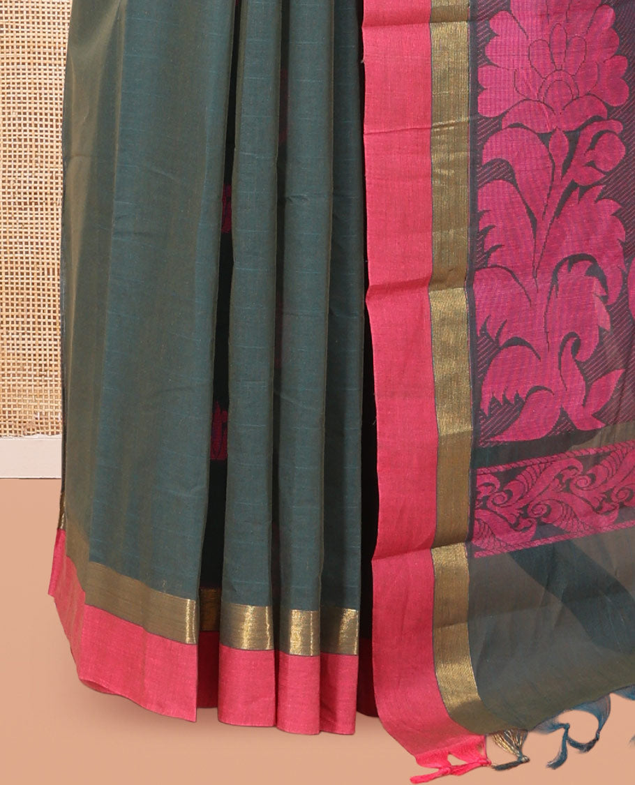 Green Kanchi Cotton Saree, Woven with Thread Buttas, a Contrast Border, Floral Design Pallu, and a Matching Blouse