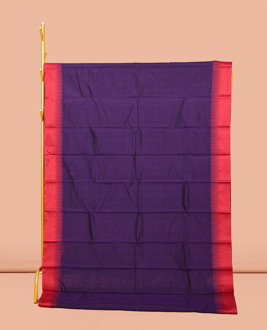 Violet Plain Semi-Silk Cotton Saree, Complemented by a Contrast Temple Border, Pallu of Stripes, and Paired with a Matching Blouse