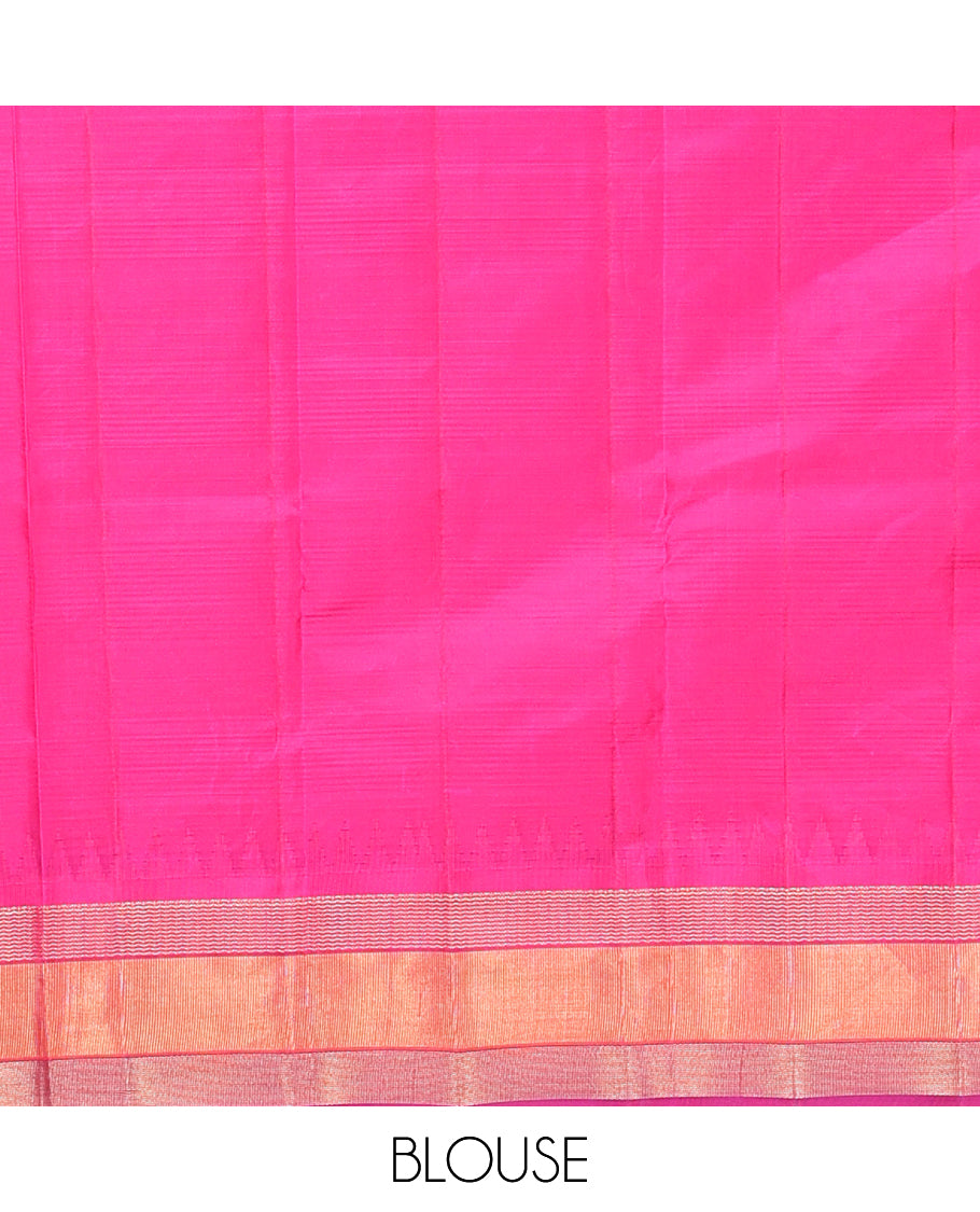 Black Plain Bangalore Silk Saree, Complemented by a Contrast Temple Ganga-Jamuna Border, Temple Pallu, and a Contrast Blouse