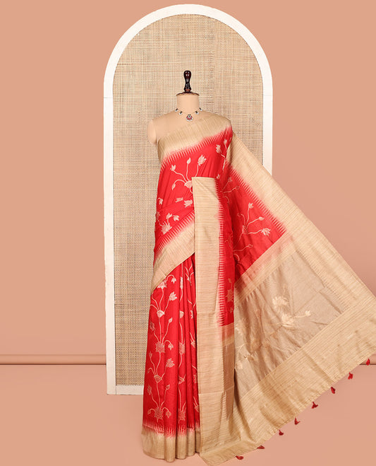 Red Dupion Silk Saree, Artfully Detailed with Pichwai Lotus Vine, Complemented by Contrast Temple Border, Pallu of Pichwai Lotus Motifs, and a Contrast Blouse