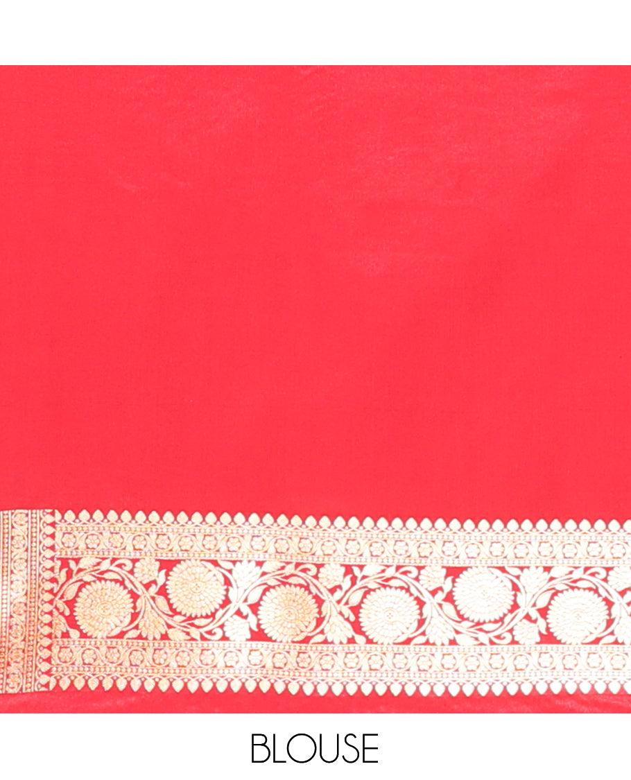 Red Banarasi Nylon Saree, Detailed with Jaal Jacquard, Floral Creeper Zari Border, Intricate Pallu, and a Matching Blouse