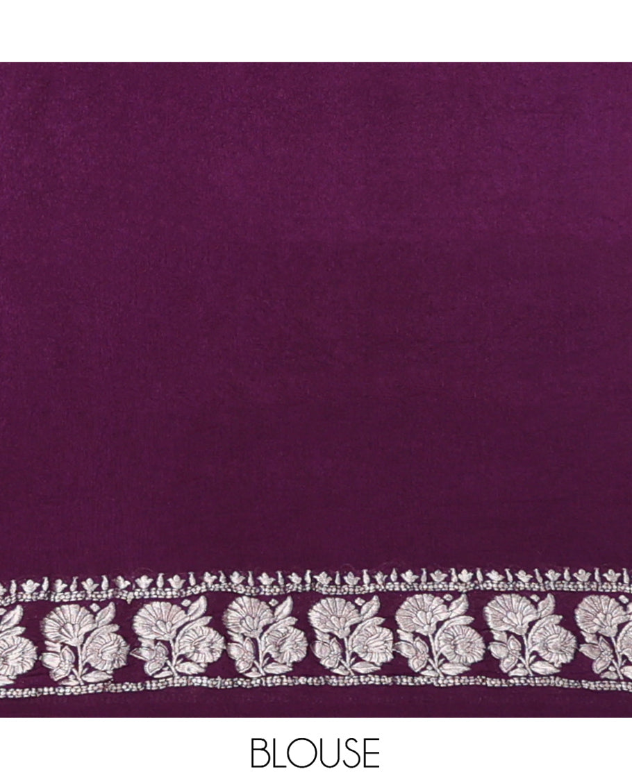 Purple Fancy Crepe Saree, Beautifully Bedecked with Floral and Chevron Stripes, a Floral Border, a Floral Design Pallu, and a Matching Blouse