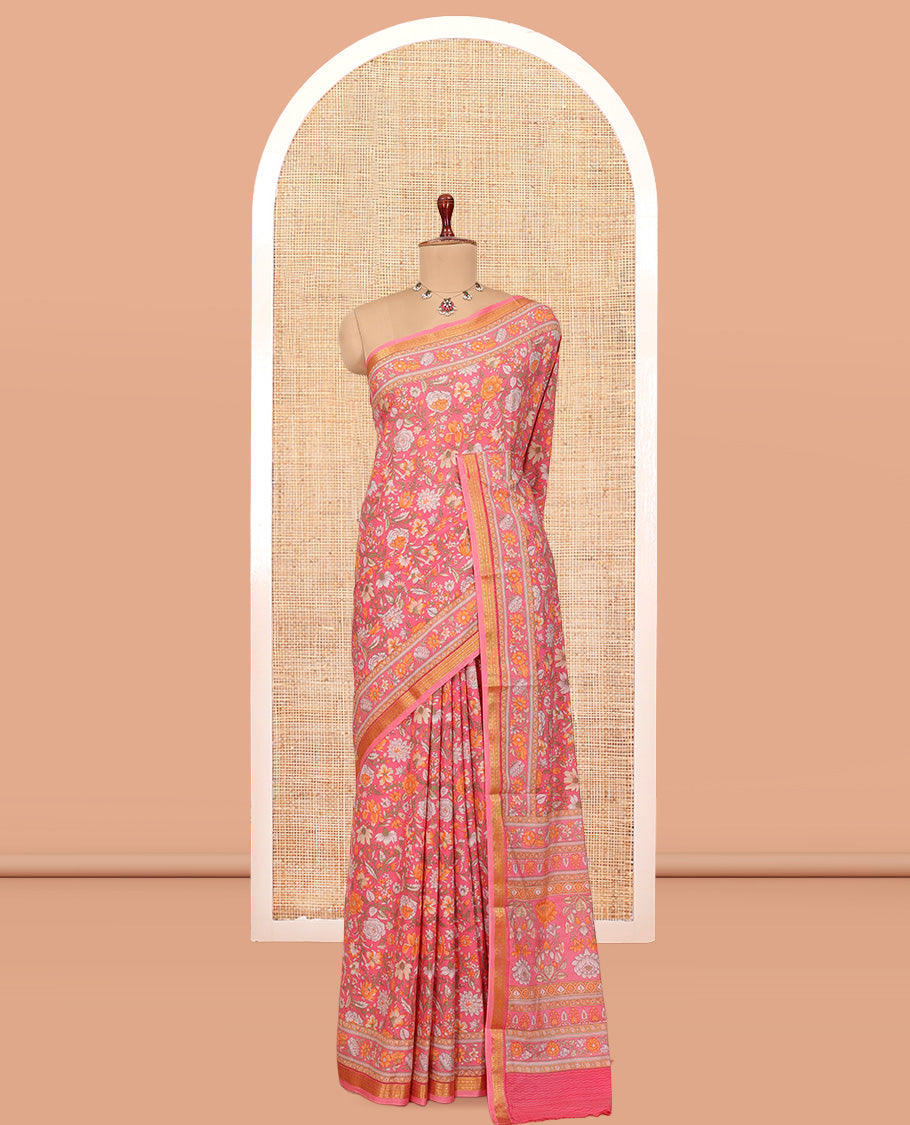 Pink Printed Silk Saree, Accentuated with Floral Vine Print, a Traditional Zari Border, Floral Pallu, and a Matching Blouse