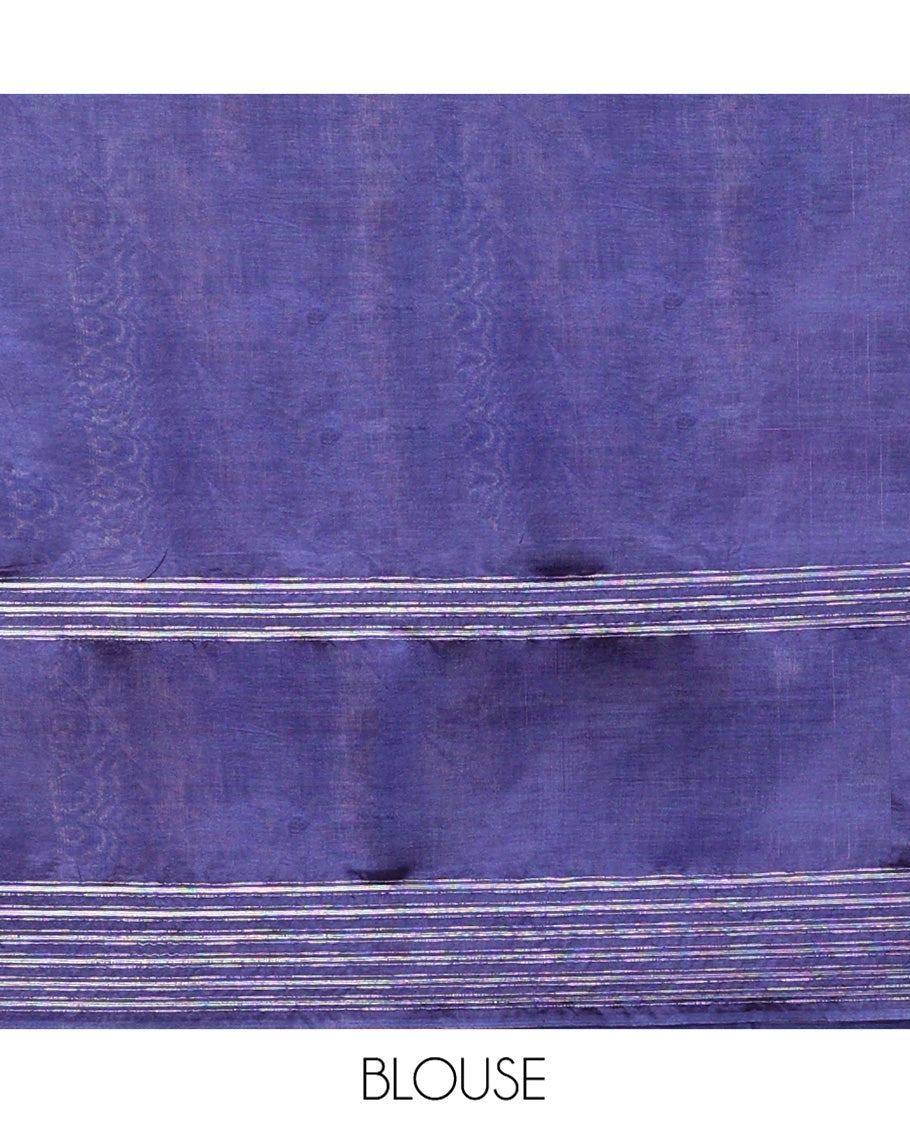 Blue Banana Pith Saree, Finely Crafted with Buttas on Its Body, Subtly Striped Border, Pallu of Stripes, and Paired with a Matching Blouse