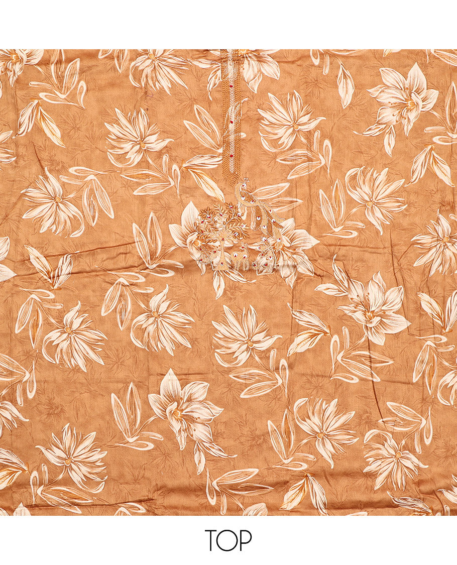 Orange Material Chudidar Set, Prettified with Floral Print, and Embroidery on Its Muslin Top, a Plain Cotton Bottom, and Paired with a Peacock Printed Lilan Cotton Dupatta