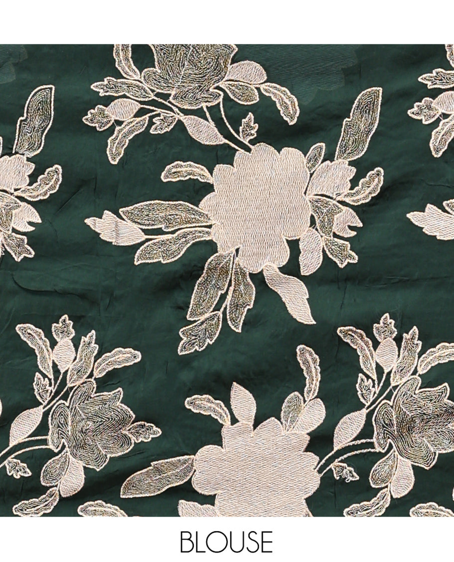 Green Organza Saree, Finely Crafted with Floral Thread Embroidery, Scallop-Embroidered Border, and a Matching Floral Embroidered Blouse