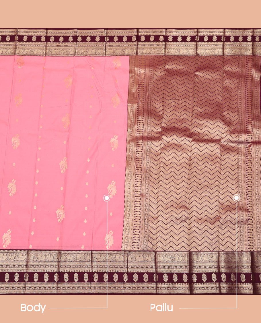 Pink Budget Silk Saree, Enriched with Zari Buttas All Over Its Body, Complemented by Contrast Traditional Zari Designs Woven Border, Grand Chevron Design Pallu and Paired with a Contrast Blouse