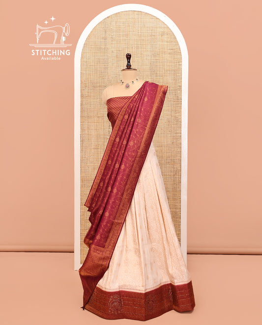 Cream Art Silk Half Saree, Subtly Designed with Jacquard Skirt, Contrast Traditional Stone-Work Border, a Jacquard Blouse, and Banaras Jacquard Dhavani