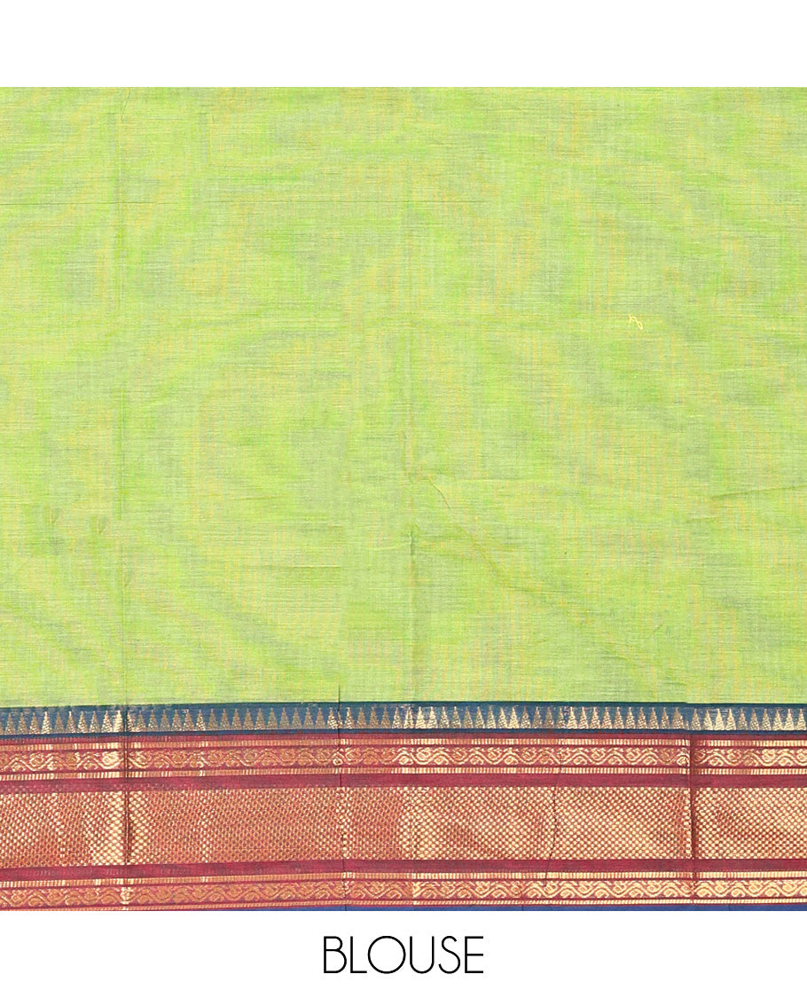 Leaf Green Plain Chettinad Cotton Saree, Complemented by Contrast Traditional Zari Design Border, Pallu of Stripes, and Paired with a Matching Blouse