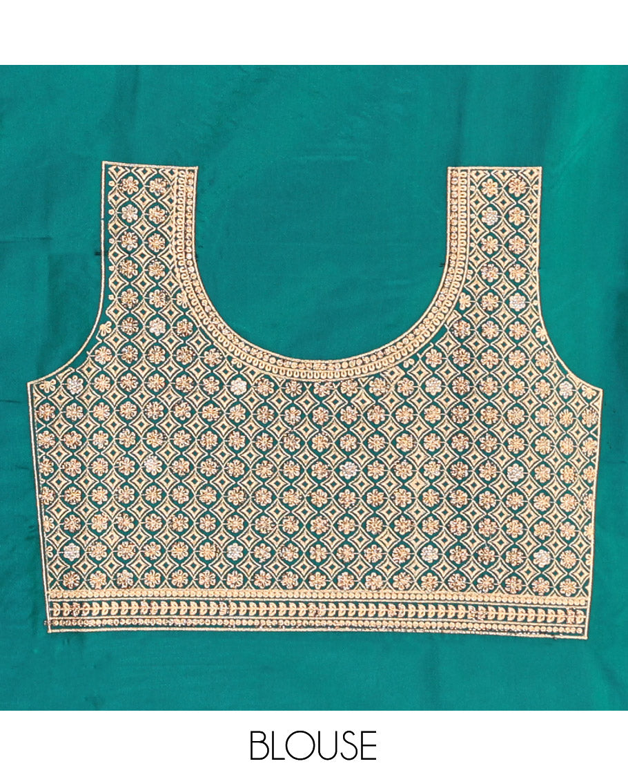 Bottle Green Banarasi Satin Saree, Woven with Floral Buttas, a Floral Creeper Border, Intricate Stonework Pallu, and a Matching Blouse
