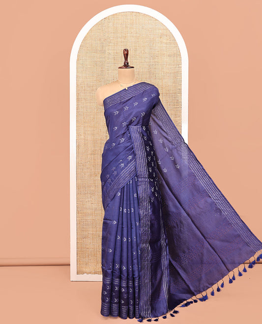Blue Banana Pith Saree, Finely Crafted with Buttas on Its Body, Subtly Striped Border, Pallu of Stripes, and Paired with a Matching Blouse