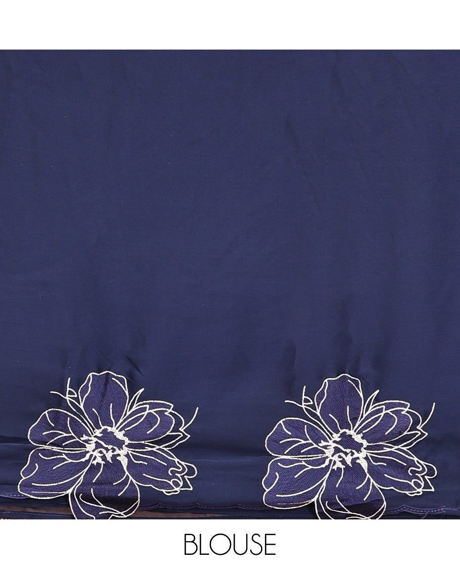 Navy Satin Organza Saree, Steeped in the Prettiness of Floral Embroidery, Floral Embroidered Scallop Border, and a Matching Blouse