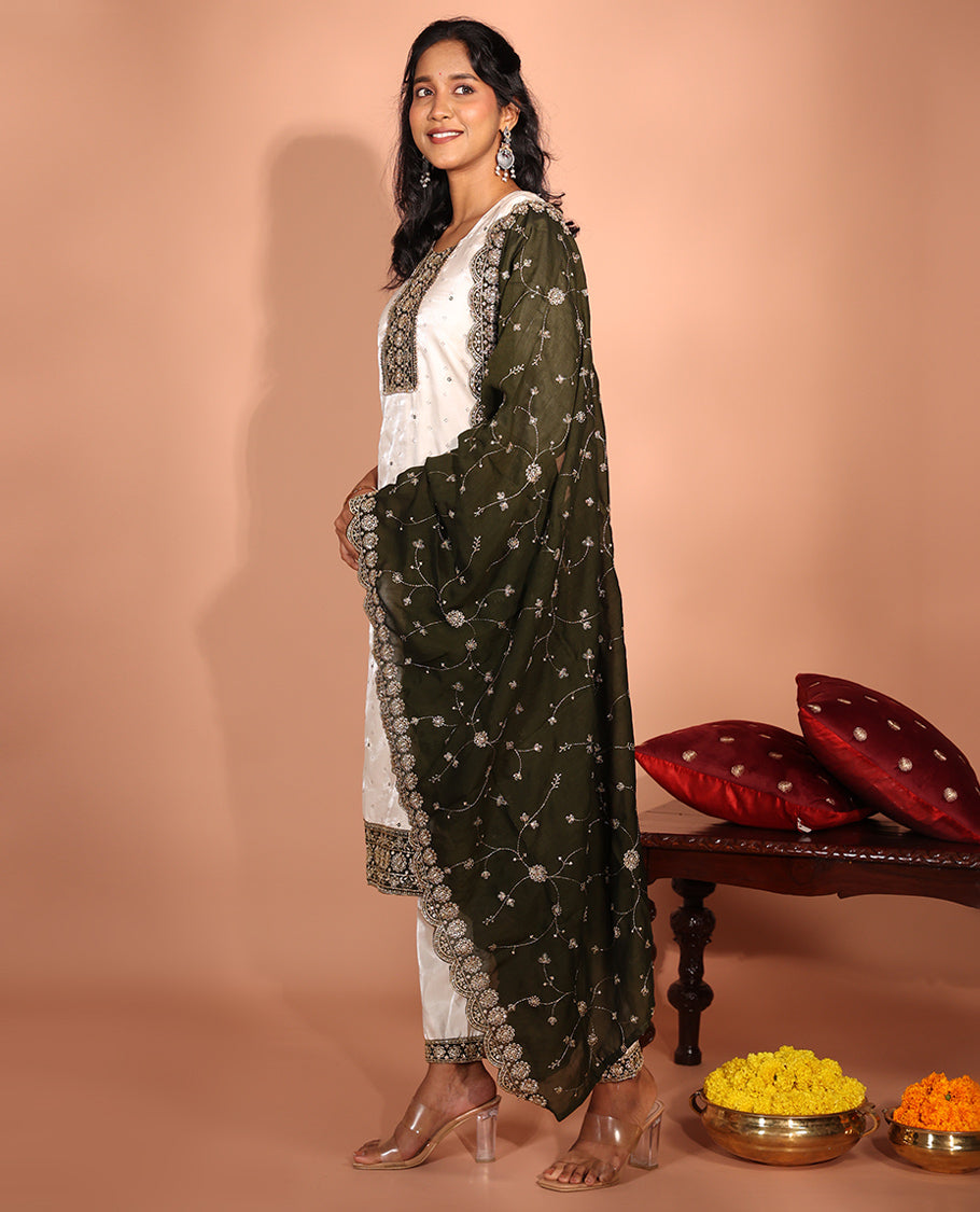 Cream Glass Embroidered Readymade Suit