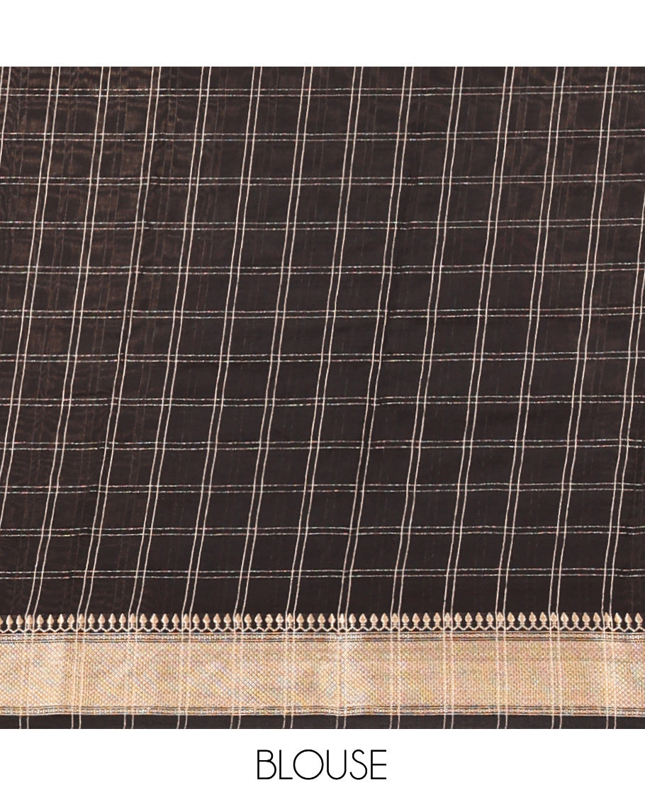 Black Assam Silk Saree, Majestically Detailed with Zari Checks, Highlighted by a Traditional Zari Border, Zari-Striped Pallu, and a Matching Blouse