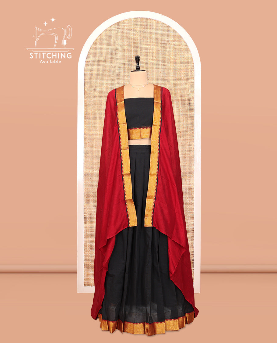 Black Cotton Half-Saree Features Plain Skirt, a Contrast Temple Zari Border, a Matching Blouse, and a Contrast Dhavani