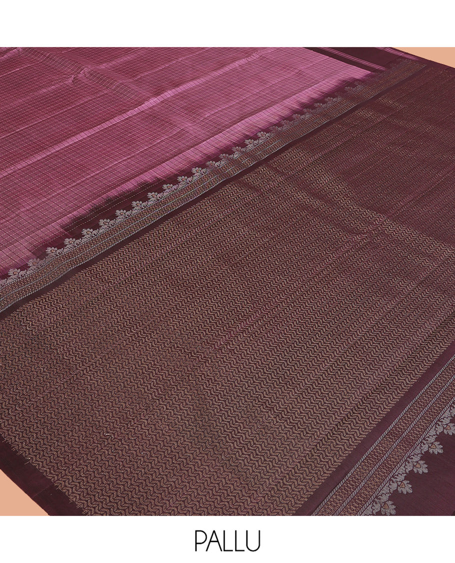 Pink-Brown Checked Mayuri Lite Silk Mix Saree, Contrast Bodi Border, Vanki Pallu, and Contrast Blouse