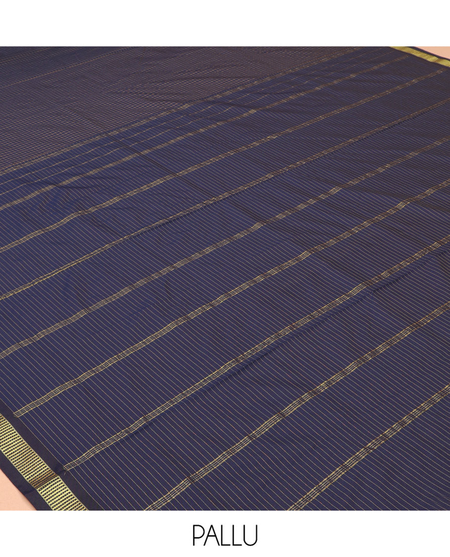 Navy Blue Checked Art-Silk Nine Yard Saree, a Traditional Zari Border, a Self-Pallu, and No Blouse