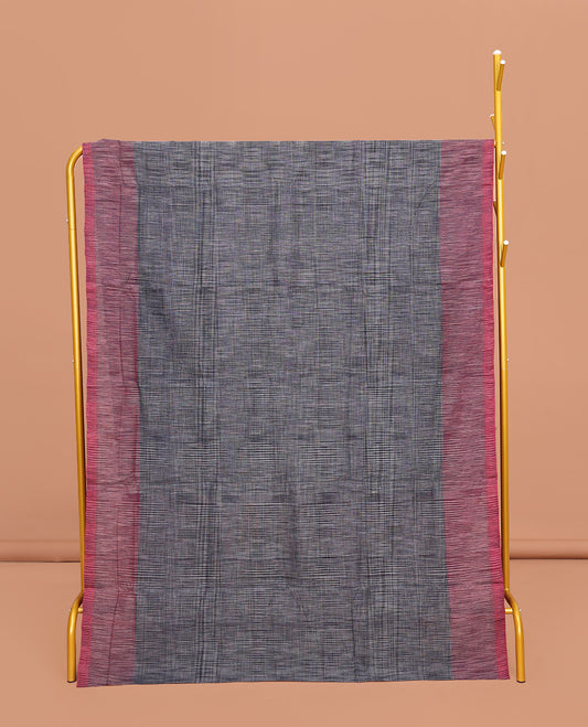 Grey Heathered Textured Mangalgiri Cotton Saree, Complemented by Contrast Heathered Textured Border, Striped Pallu and Paired with a Contrast Blouse