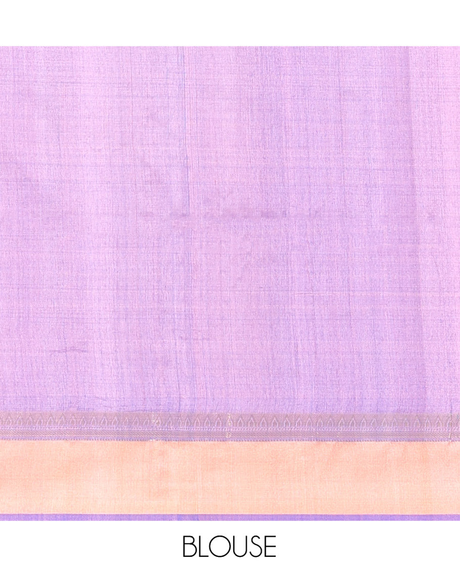 Blue Tussar Silk Saree, Bedecked with Flower Motifs, Contrast Zari Border, Thread Woven Pallu, and Contrast Blouse