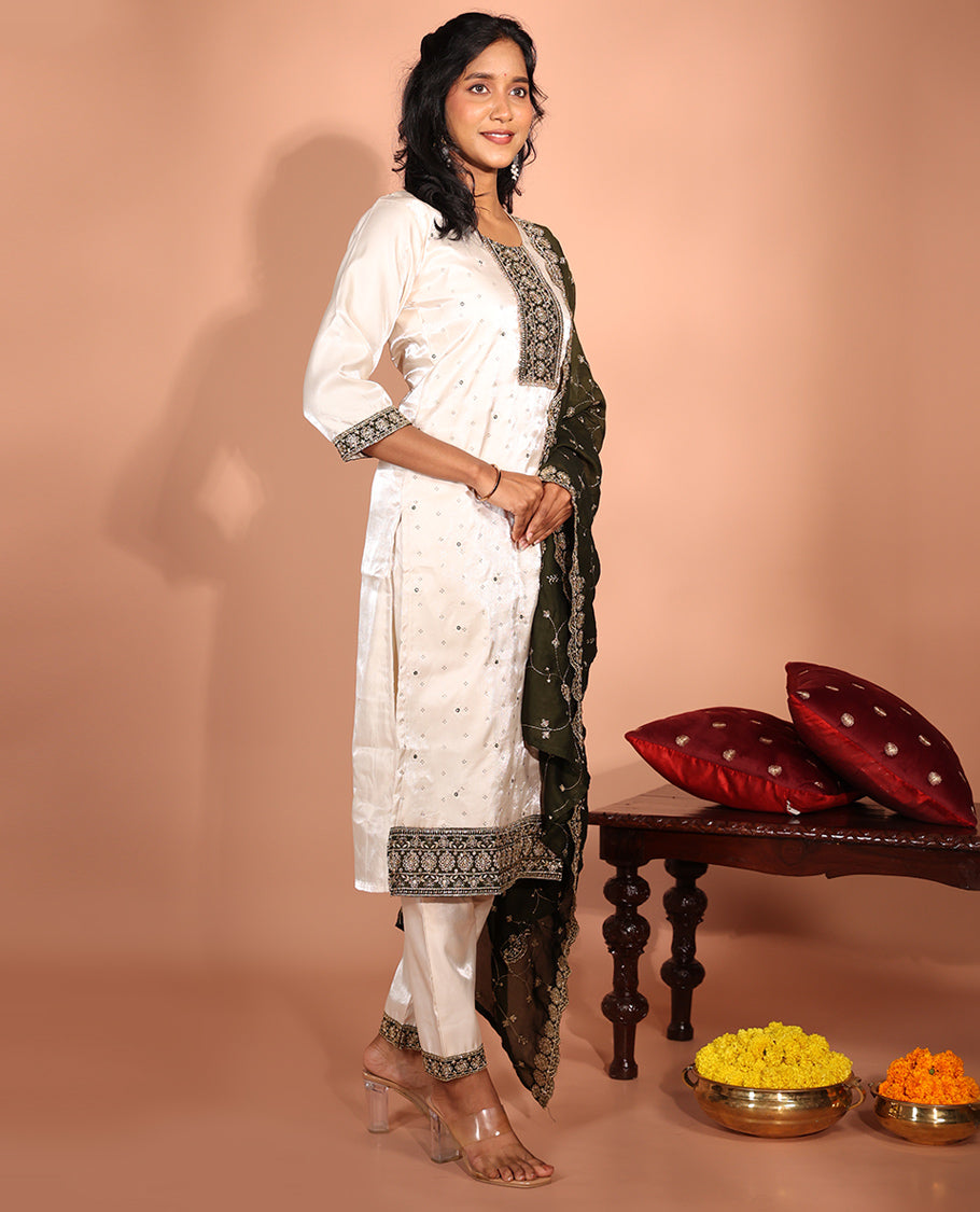 Cream Glass Embroidered Readymade Suit