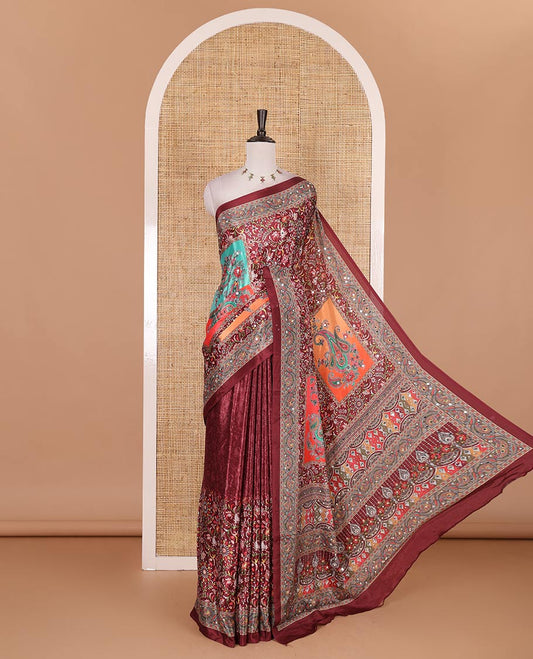 Maroon floral-paisleys printed and mirror work masakali saree, printed border, printed and mirror work pallu, and a matching printed blouse