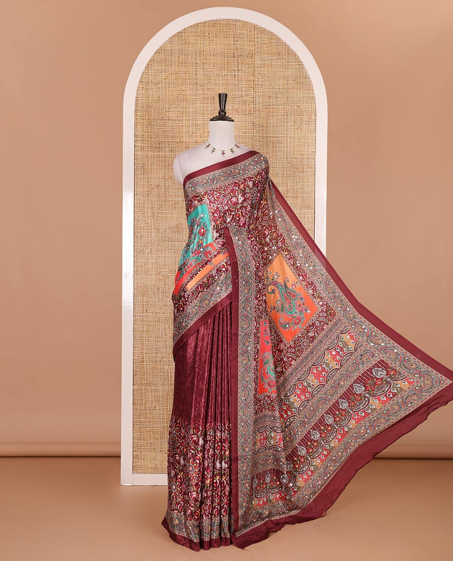 Maroon floral-paisleys printed and mirror work masakali saree, printed border, printed and mirror work pallu, and a matching printed blouse
