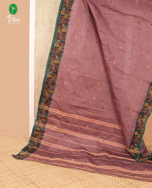 Onion pink thread buttas bengal cotton saree with resham border & chit pallu along with  linen digital shafread blouse