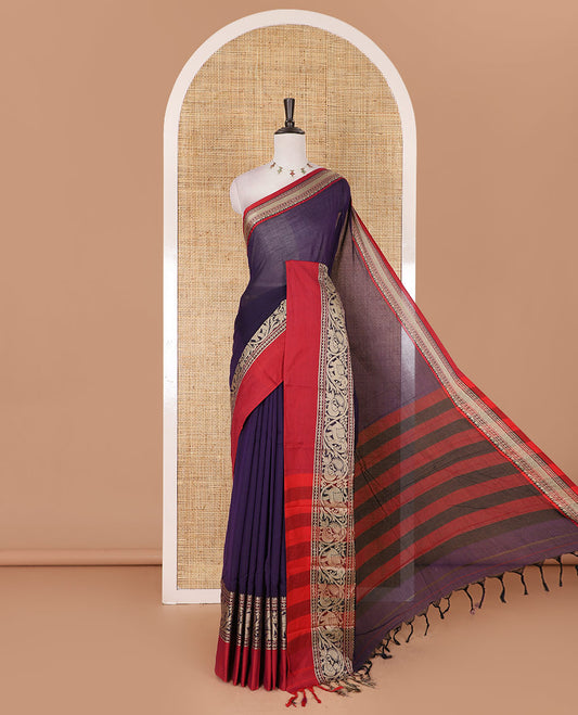 Purple plain mercerised cotton saree, contrast traditional border of peacock, and elephant motifs, striped pallu, and a matching blouse