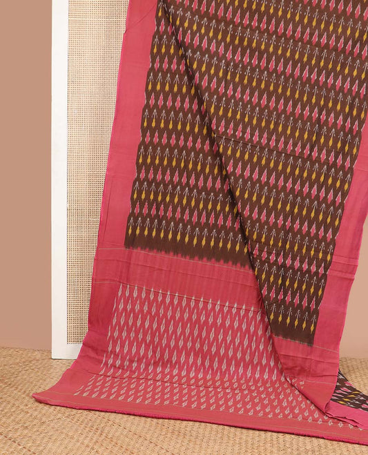 Brown geometric design ikkat cotton saree with contrast border & argyle design pallu