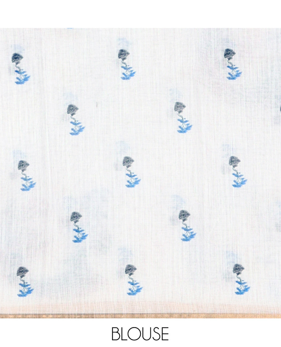 White Linen Cotton Saree Features Chinese Women Motifs Printed on Its Body, and Pallu, Subtle Piping Border, and Paired with a Matching Blouse