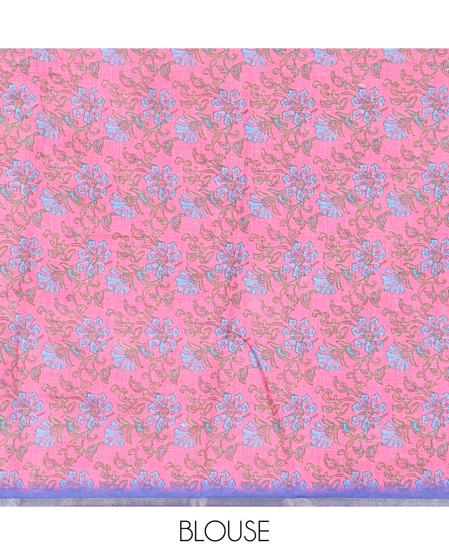 Royal blue shibori printed linen cotton saree, piping border, contrast floral printed pallu, and a contrast floral printed blouse