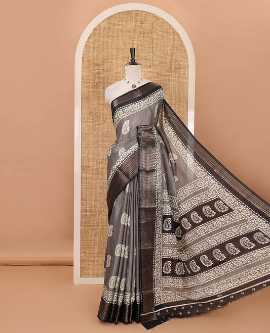 Grey zari striped & batik paisley-floral printed dola silksaree,contrast zari border,batik paisley print pallu & blouse of print & zari work