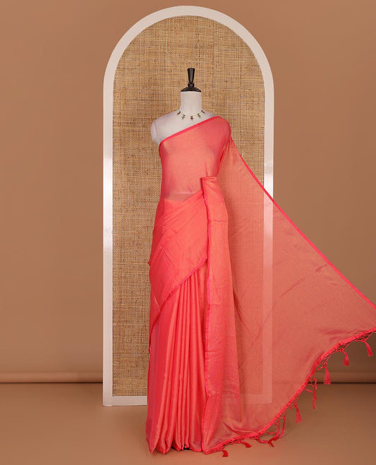 Borderless bright orange plain design viscose saree, flower motifs printed matching blouse