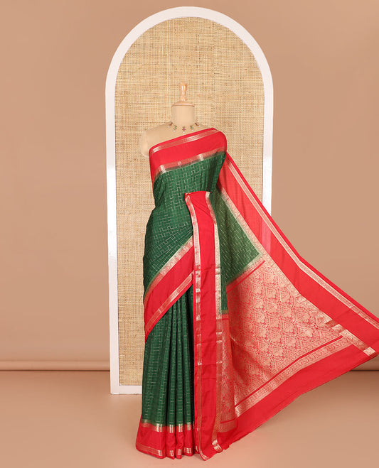 Green maze geometric-patterned semi-mysore silk saree, contrast rettai pettu traditional zari border, intricate pallu, and a contrast geometric-patterned zari-bordered blouse