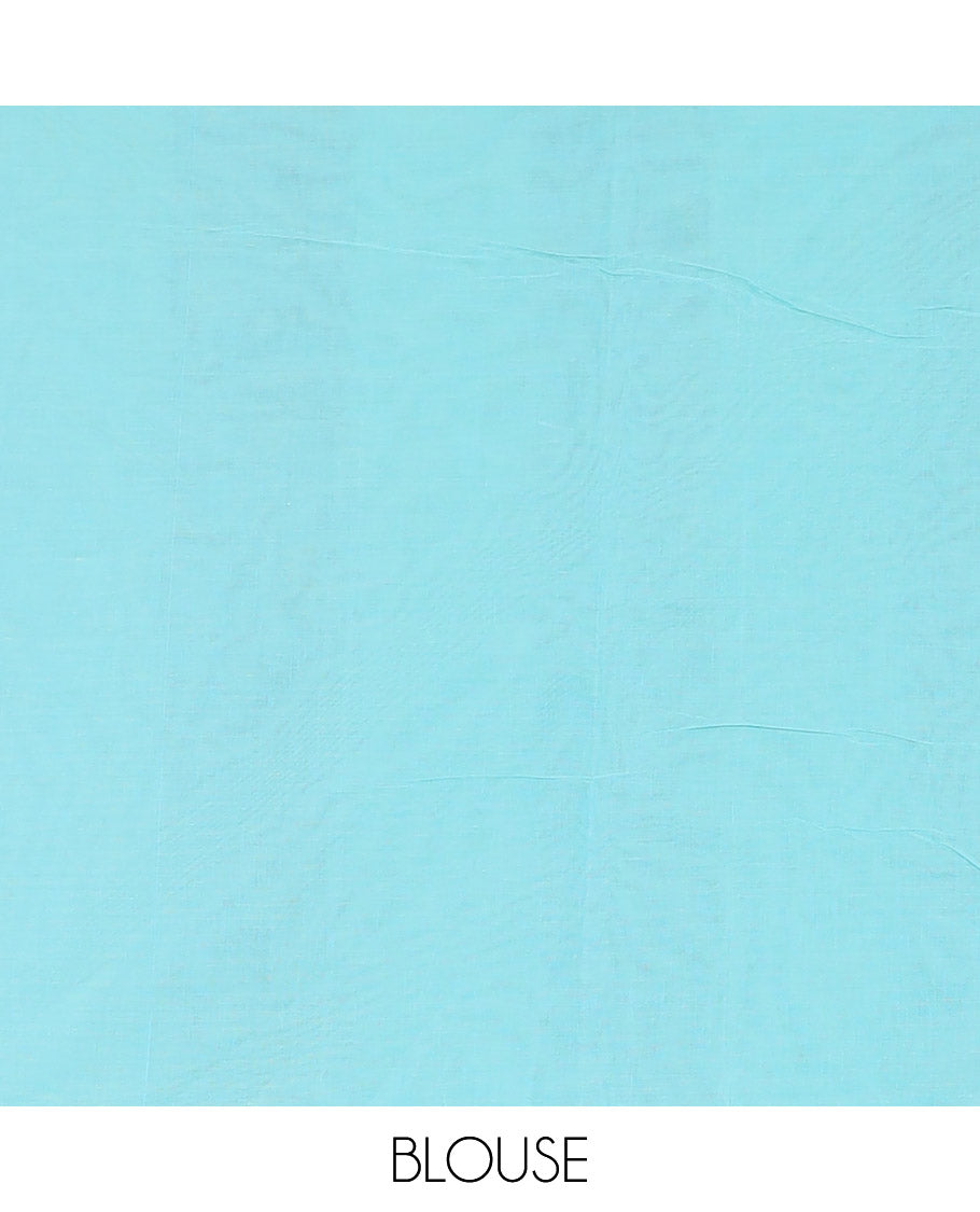 Borderless Blue Coimbatore Cotton Saree Prettified with Intricate Buttas All Over Its Body, Pallu Pictures Intricate Patterns, and Paired with a Plain Matching Blouse