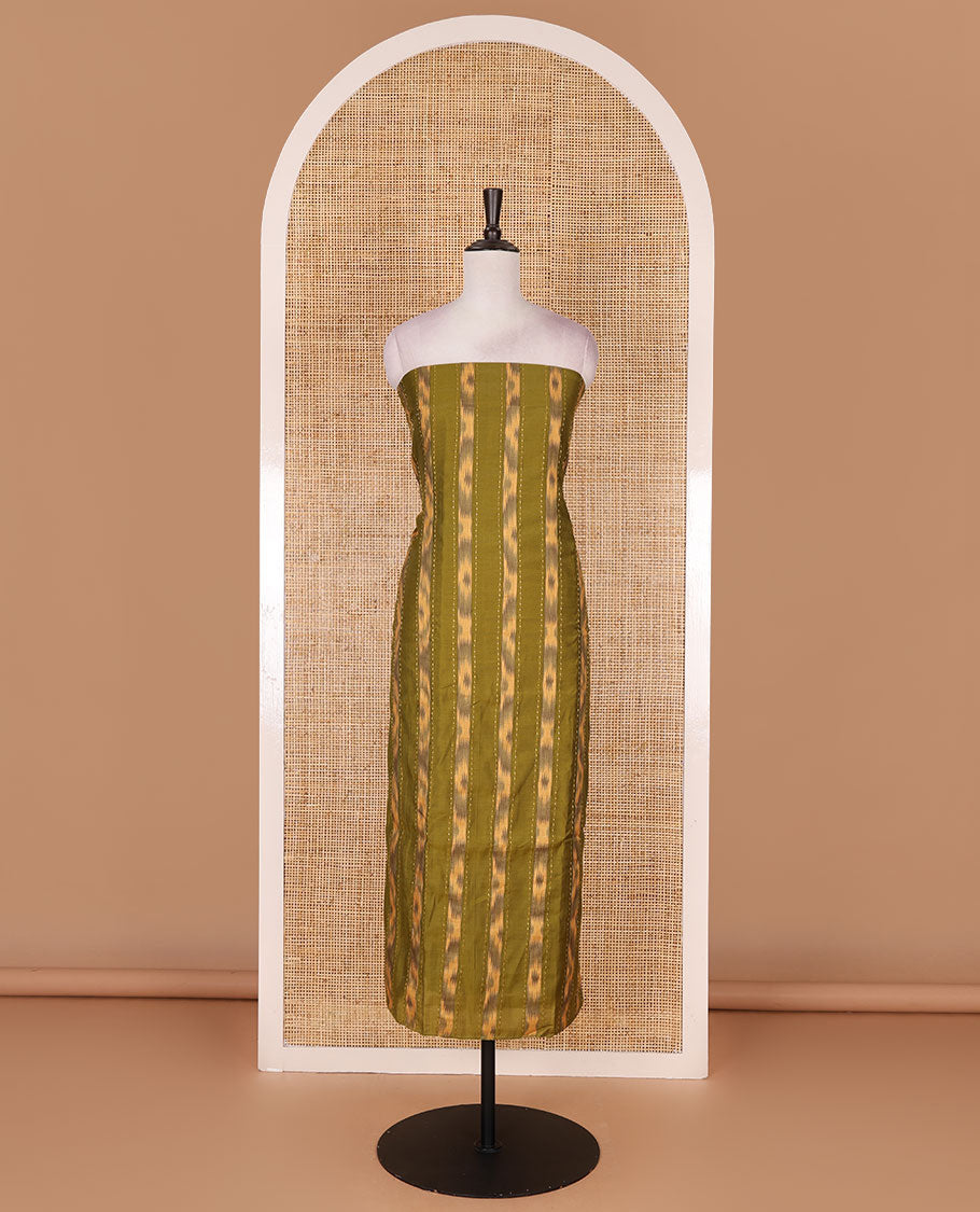 Mehendi green Vertican silk material chudidar set, vertical ikkat stripes, and kantha work top, contrast plain slub cotton bottom, and linen contrast ikkat printed zari border dupatta