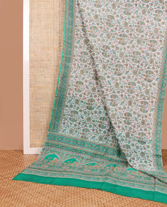 Cream madhubani design printed silk saree with contrast floral design border & intricate design pallu