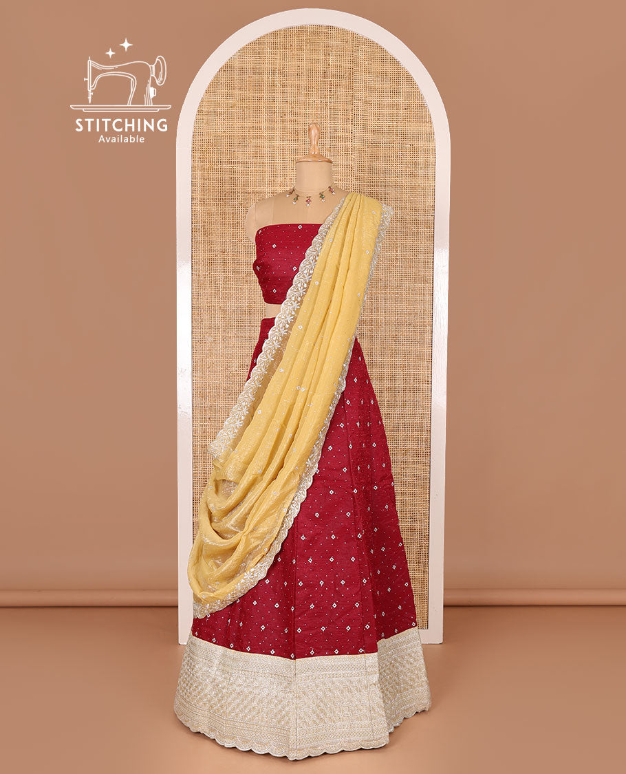 Red half-saree, floral motifs embroidered semi-raw silk top, matching embroidered blouse, and contrast scallop embroidered georgette dhavani