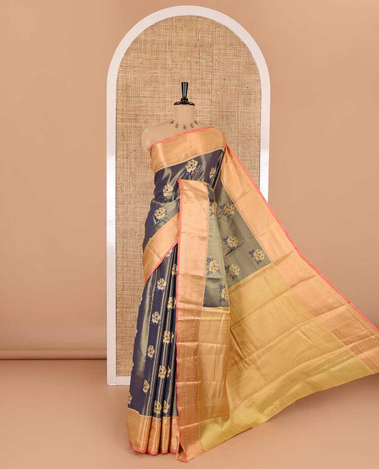 Navy blue rose motifs with zari jacquard Kanchi tissue saree, contrast traditional zari design border, gleaming pallu, and a contrast jacquard blouse