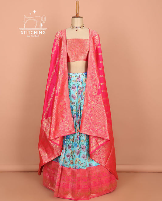 Blue floral printed art silk half saree, contrast traditional design border, jacquard blouse & intricate dhavani