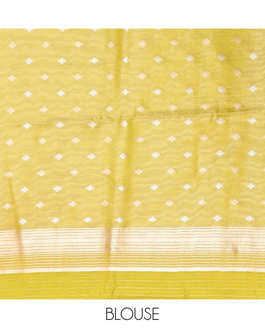 Borderless Green striped semi-banaras dola silk saree & intricate zari design pallu