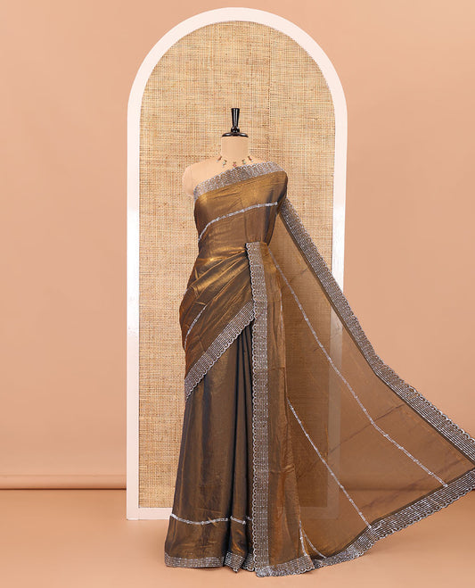 Mehendi green horizontally swarovski stone striped fendi chiffon saree, swarovski stone work border, and a plain blouse