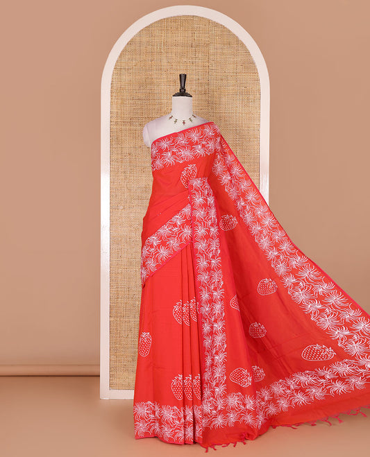 Tomato pink strawberry motifs handblock printed south cotton saree, sparkle motifs printed border, printed pallu, and contrast printed pallu