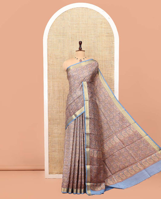 Grey Printed Silk Saree, Accentuated with Floral Jaal Prints, Complemented by a Contrast Traditional Zari Border, Printed Pallu, and a Contrast Blouse