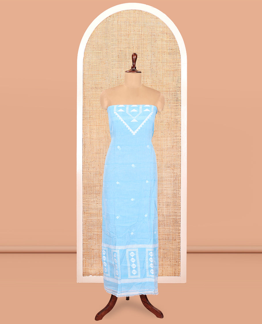 Blue Mul Cotton Material Chudidar Features Jamdani-Style Top, Striped Bottom, a Jamdani Dupatta