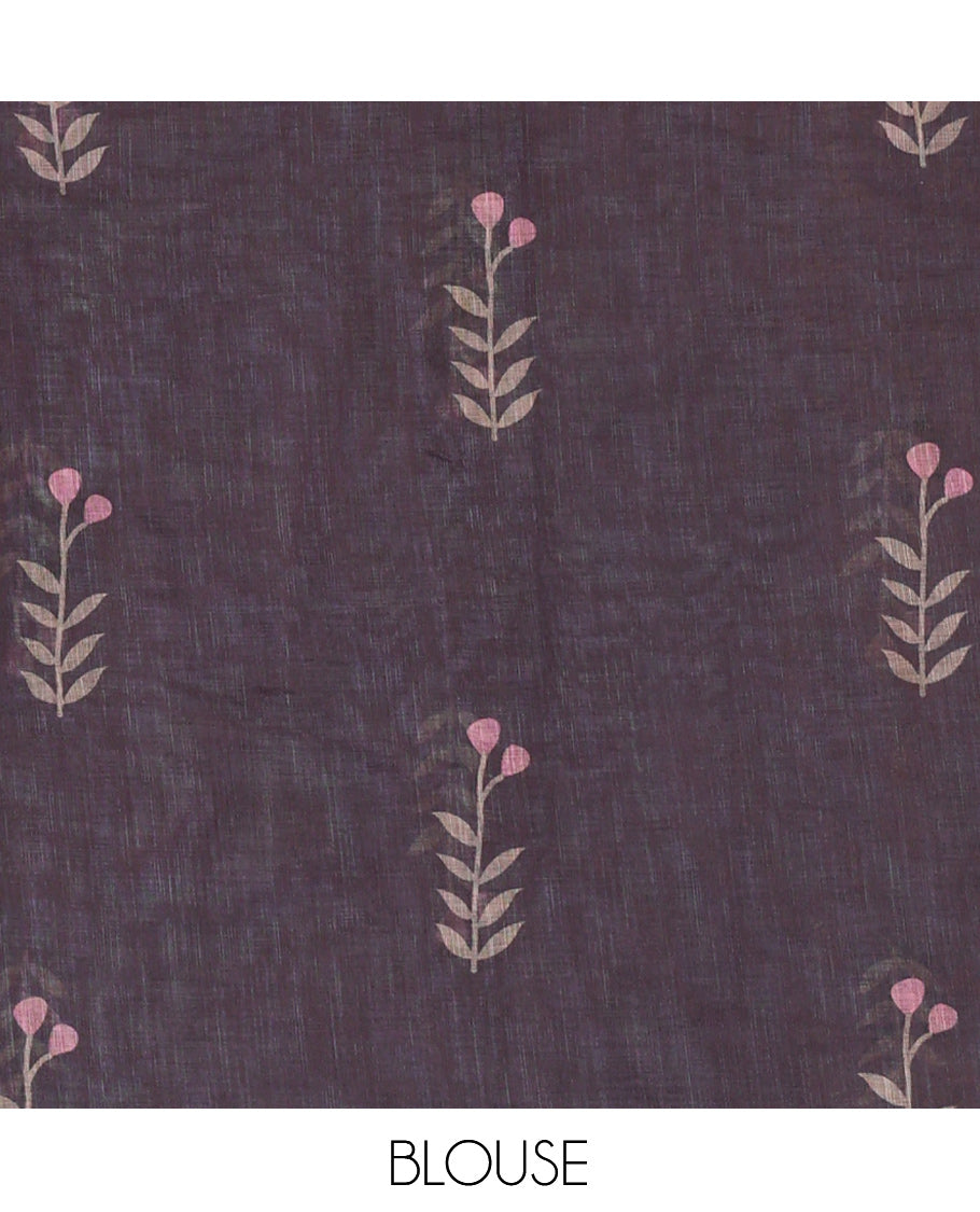 Borderless Dusky Rose Linen Cotton Saree with Leaf Print, a Contrast Leaf-Printed Pallu, and Contrast Blouse