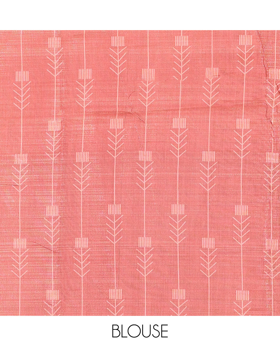 Grey Tissue Saree, Beautified with Horizontal Stripes and Unique Motifs Printed All Over Its Body, Complemented by Contrast Printed Border, Pallu Depicts Geometric Patterns, and Paired with a Contrast Geometric Printed Blouse