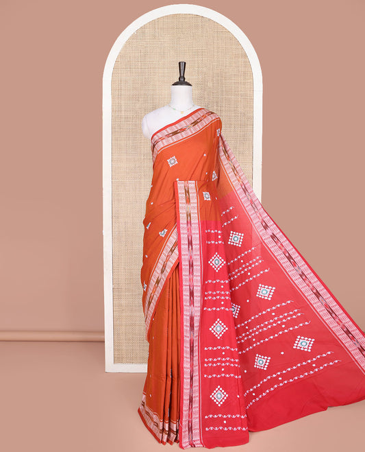 Orange Odisha Cotton Saree, Elevated with Buttas All Over the Body, Subtle Self-Border Steeped with Fish Motifs, Captivating Contrast Pallu of Unique Designs, and Paired with a Contrast Blouse