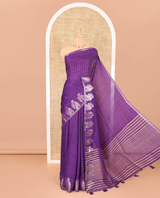 Violet micro-checked design viscose khadi silk saree, peacock zari motifs woven border, zari striped pallu, and a matching blouse